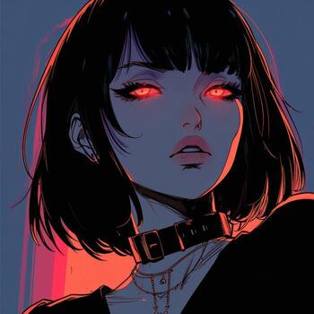 a sexy anime girl with glowing eyes and black hair, photo