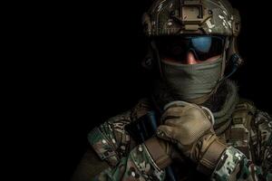 a young soldier in an army uniform and protective gear, photo