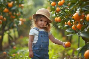girl picking oranges off tree in orchard, photo