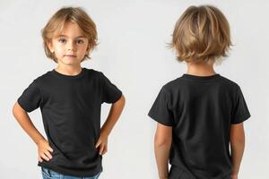 two small children one on black and are both wearing a white t shirt, photo