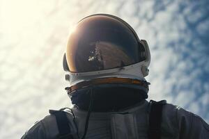 a astronauts helmet is seen from behind, in this photo, photo