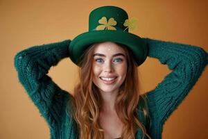 a beautiful young woman holding up two colorful hats, photo