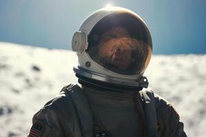 an astronaut wearing a reflective, silver jacket and brown helmet, photo