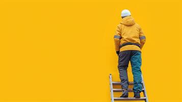man on a ladder, yellow background, photo