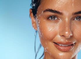 beautiful woman covered in water after getting facial fillers on her skin, photo