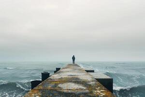 a man standing on a dock at the corner of the ocean, photo