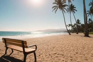 there is only one wooden bench in this beach day, photo