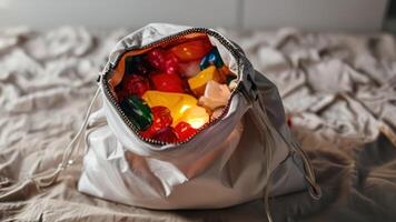 small fruit wrapped in nylon lined tote bag on bed, photo