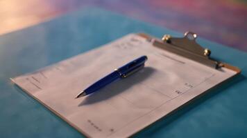 blue pen on paper clip next to check pad, photo