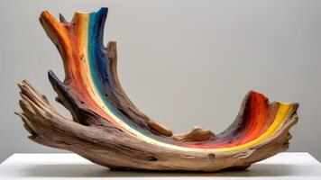an assortment of painted drift wood sculpture on display, photo