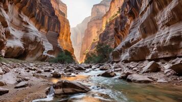 a river and two people on some rocks in a canyon, photo