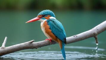 a colorful bird sitting at the edge of a lake, photo