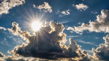 sun shining over the clouds above palm trees, photo