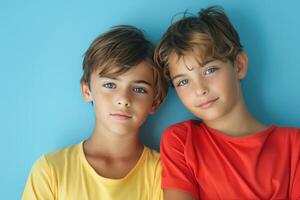two kids standing next to each other against a blue wall, photo