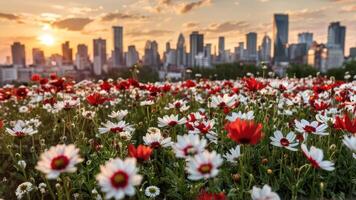 a meadow full of flowers with the city in the background, photo
