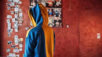 a person with a hoodie on and one ear on, looking out of red wall, photo