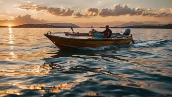 the motorboat is towing an empty boat, photo