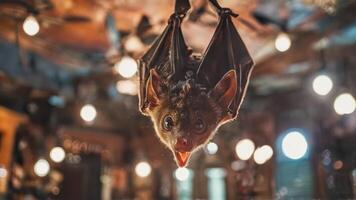 the bat is hanging upside down from the ceiling, photo