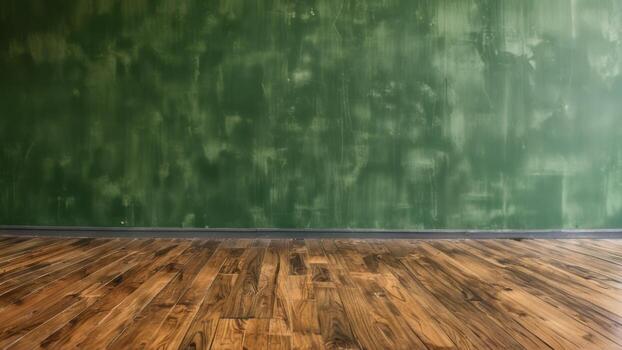 clean green wall in an empty room with wooden floors, photo