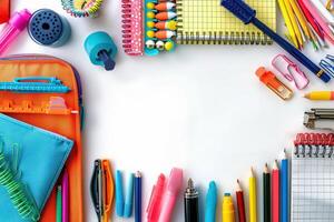 a bunch of stationary supplies sitting on top of an open bag, photo