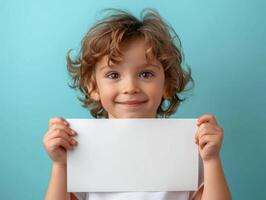 the young girl is holding up this sheet, photo