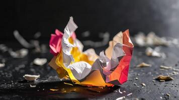 a piece of folded paper sitting on top of crepled papers, photo