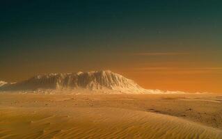 a bright orange desert sunrise with footprints and an animal, photo