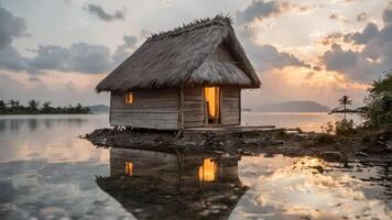 this is a small hut by the water's edge, photo