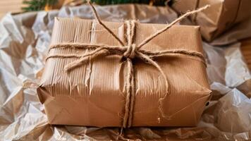 two boxes tied up under the branches of a christmas tree, photo
