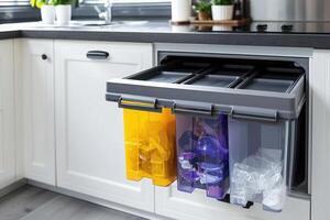 three plastic trash can with containers are displayed in the kitchen, photo