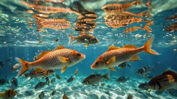 two fish swimming in the ocean while one looks on, photo