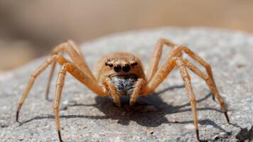 small brown long legged spider on gray concrete, photo