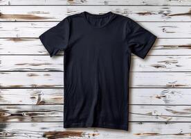 the front view of a black shirt with black lettering, photo