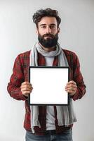 a man holding a paper looking over his shoulder, photo
