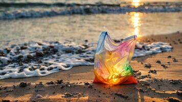 an ocean beach with some plastic bags on the sand, photo