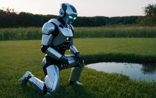 the robot kneeled in a field of grass while looking at something, photo