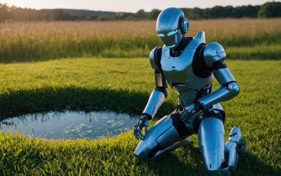 someone is setting by a pond with his robot in front, photo