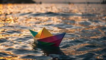floating paper boat in water with golden sun setting, photo