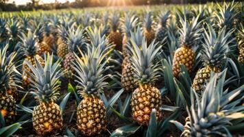 pineapples, pine nutions and palm trees that are surrounded by a bright sun, photo