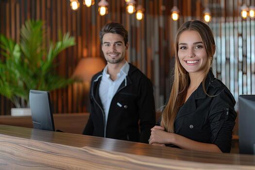 dos personas estar a el frente de un recepción escritorio, y sonrisa, foto