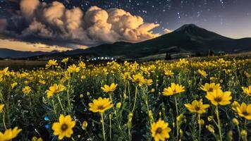 the night sky shows bright yellow flowers in a field, photo