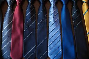 the four different colors ties are laid out side by side, photo