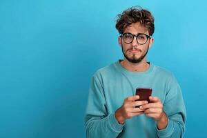 a man is looking down at his cellphone, photo
