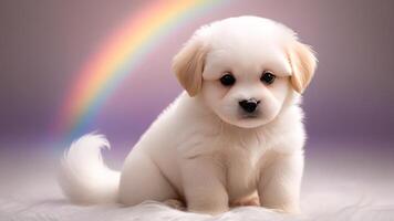 a cute dog with a rainbow in the background, photo