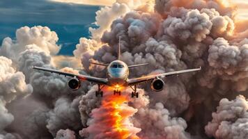 an airplane flying through smoke and other red, yellow and white clouds, photo