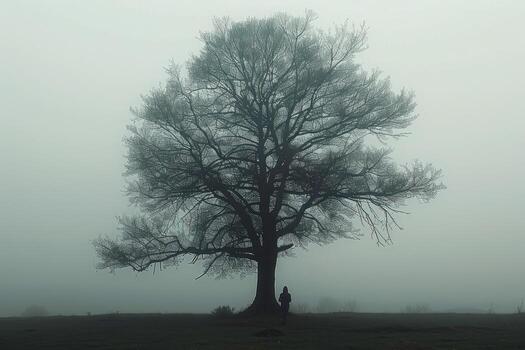 a single person is standing near the tree, photo
