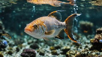 two fish swimming under ocean water, surrounded by coral, photo