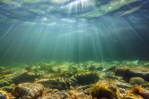 sun streams out from the water of an algae covered ocean, photo