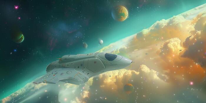 an aircraft flying into the space with sun and planets out, photo