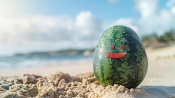 an watermelon with a smiley face on it, on the sand, photo